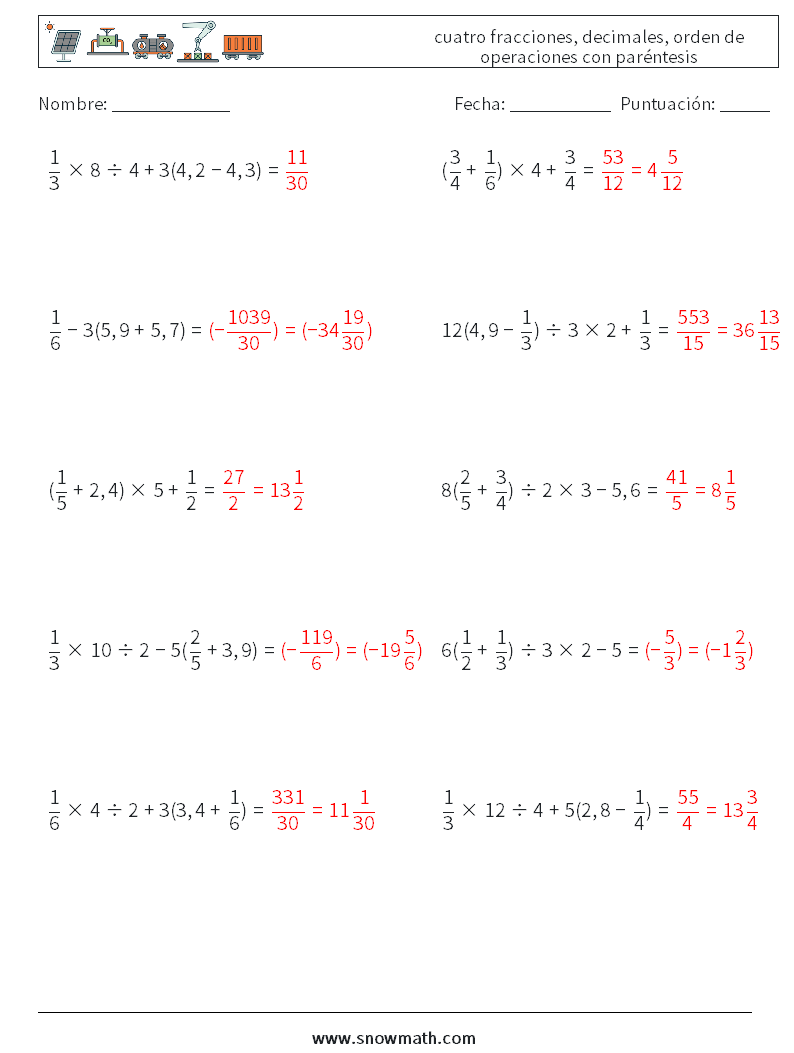 (10) cuatro fracciones, decimales, orden de operaciones con paréntesis Hojas de trabajo de matemáticas 7 Pregunta, respuesta