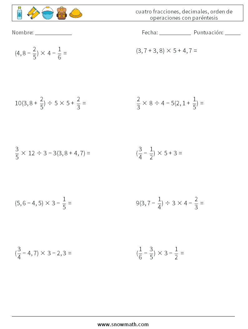 (10) cuatro fracciones, decimales, orden de operaciones con paréntesis Hojas de trabajo de matemáticas 8