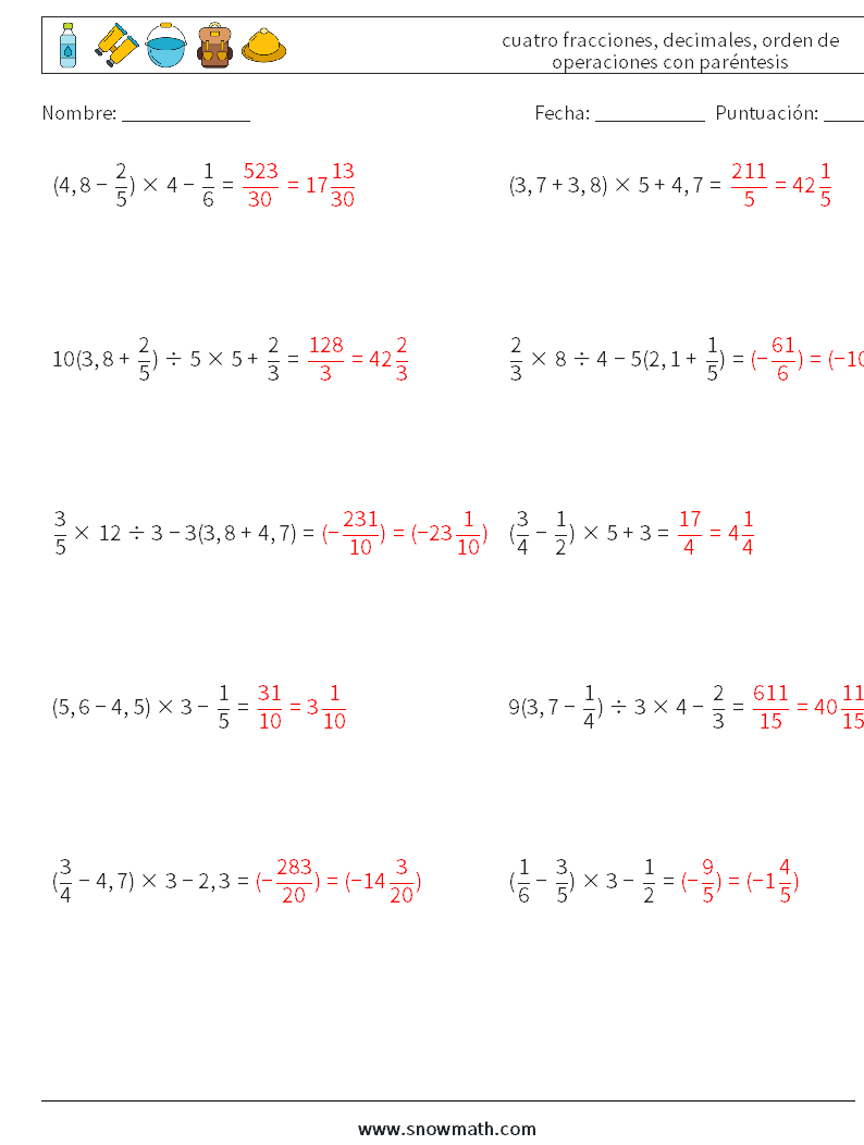(10) cuatro fracciones, decimales, orden de operaciones con paréntesis Hojas de trabajo de matemáticas 8 Pregunta, respuesta