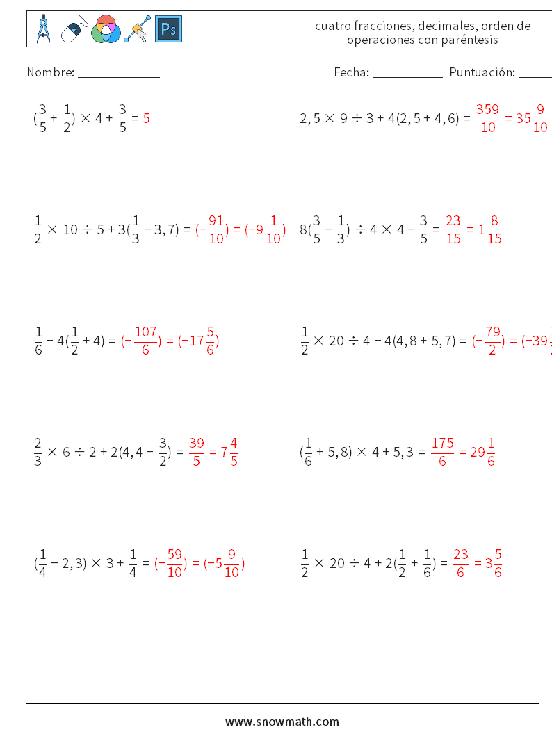 (10) cuatro fracciones, decimales, orden de operaciones con paréntesis Hojas de trabajo de matemáticas 9 Pregunta, respuesta