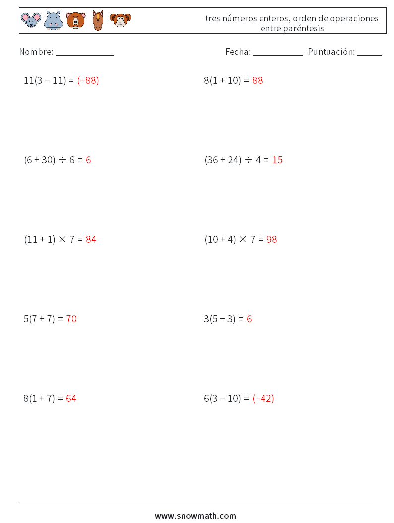 (10) tres números enteros, orden de operaciones entre paréntesis Hojas de trabajo de matemáticas 10 Pregunta, respuesta