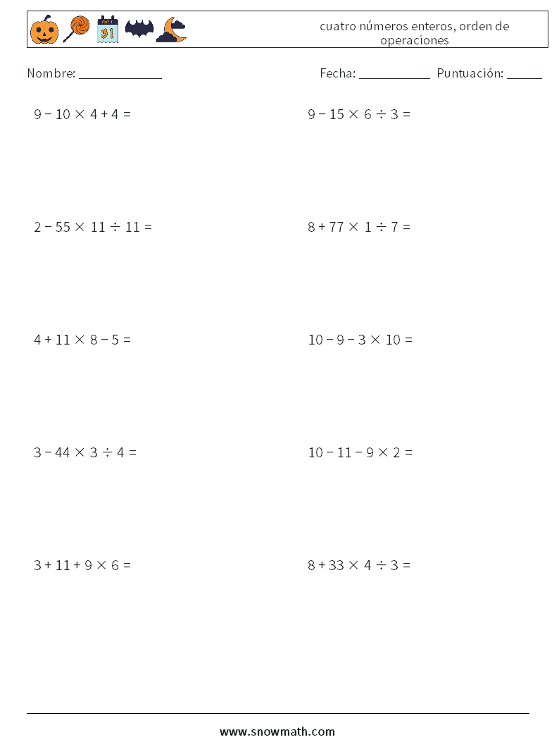 (10) cuatro números enteros, orden de operaciones Hojas de trabajo de matemáticas 10