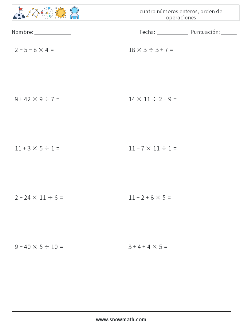 (10) cuatro números enteros, orden de operaciones Hojas de trabajo de matemáticas 12