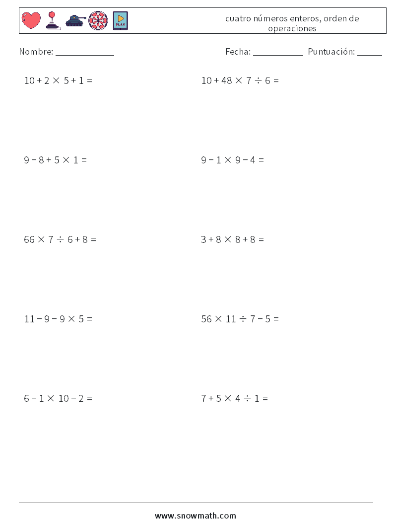 (10) cuatro números enteros, orden de operaciones Hojas de trabajo de matemáticas 13