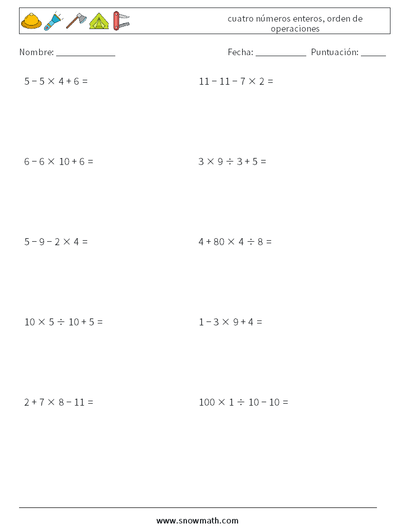 (10) cuatro números enteros, orden de operaciones Hojas de trabajo de matemáticas 14