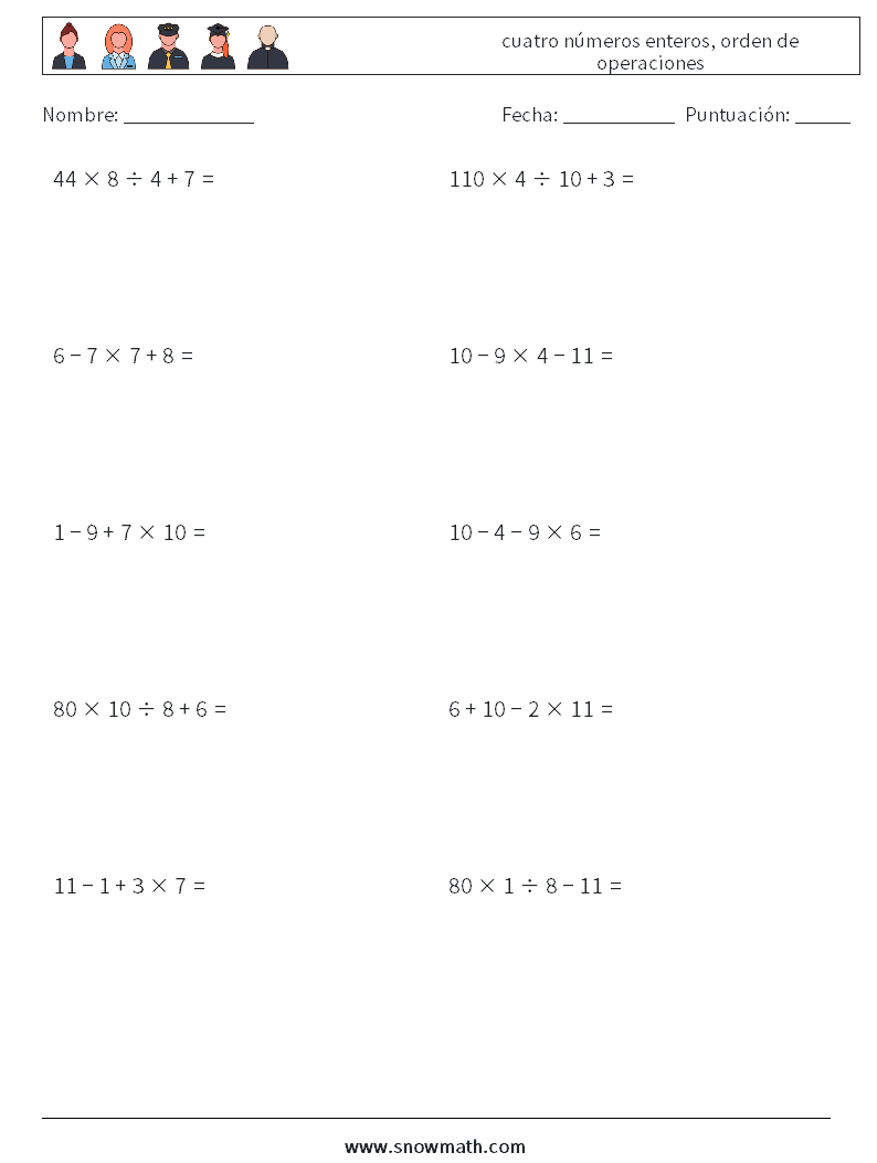 (10) cuatro números enteros, orden de operaciones Hojas de trabajo de matemáticas 15