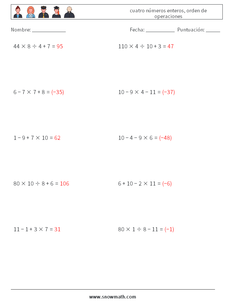 (10) cuatro números enteros, orden de operaciones Hojas de trabajo de matemáticas 15 Pregunta, respuesta