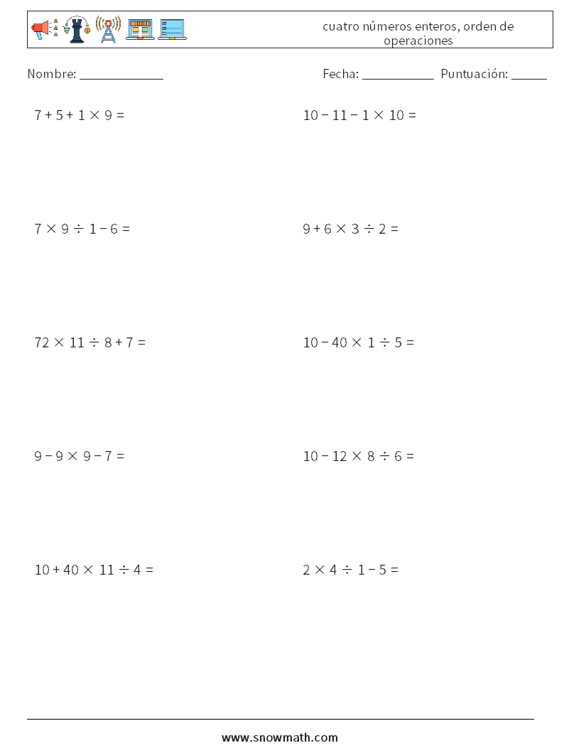 (10) cuatro números enteros, orden de operaciones Hojas de trabajo de matemáticas 16