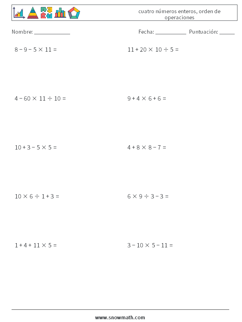 (10) cuatro números enteros, orden de operaciones Hojas de trabajo de matemáticas 17