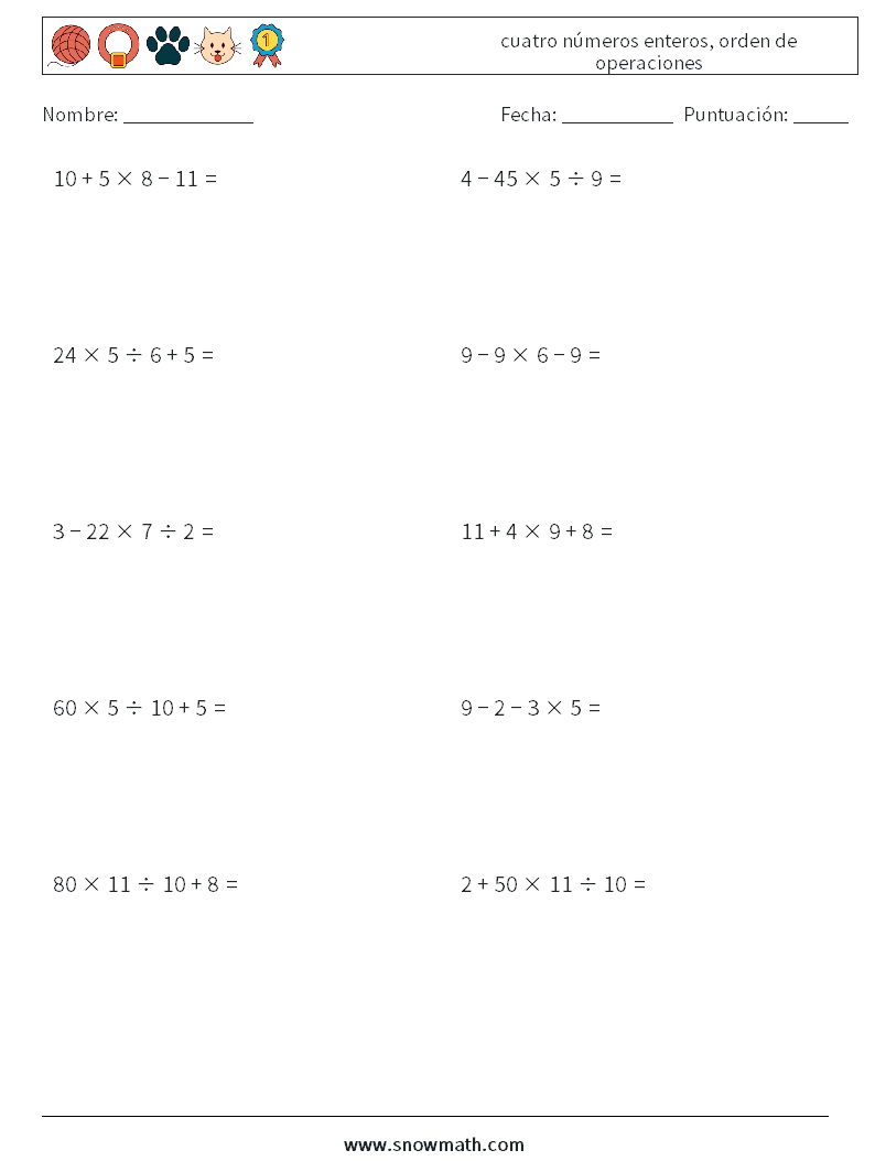 (10) cuatro números enteros, orden de operaciones Hojas de trabajo de matemáticas 18