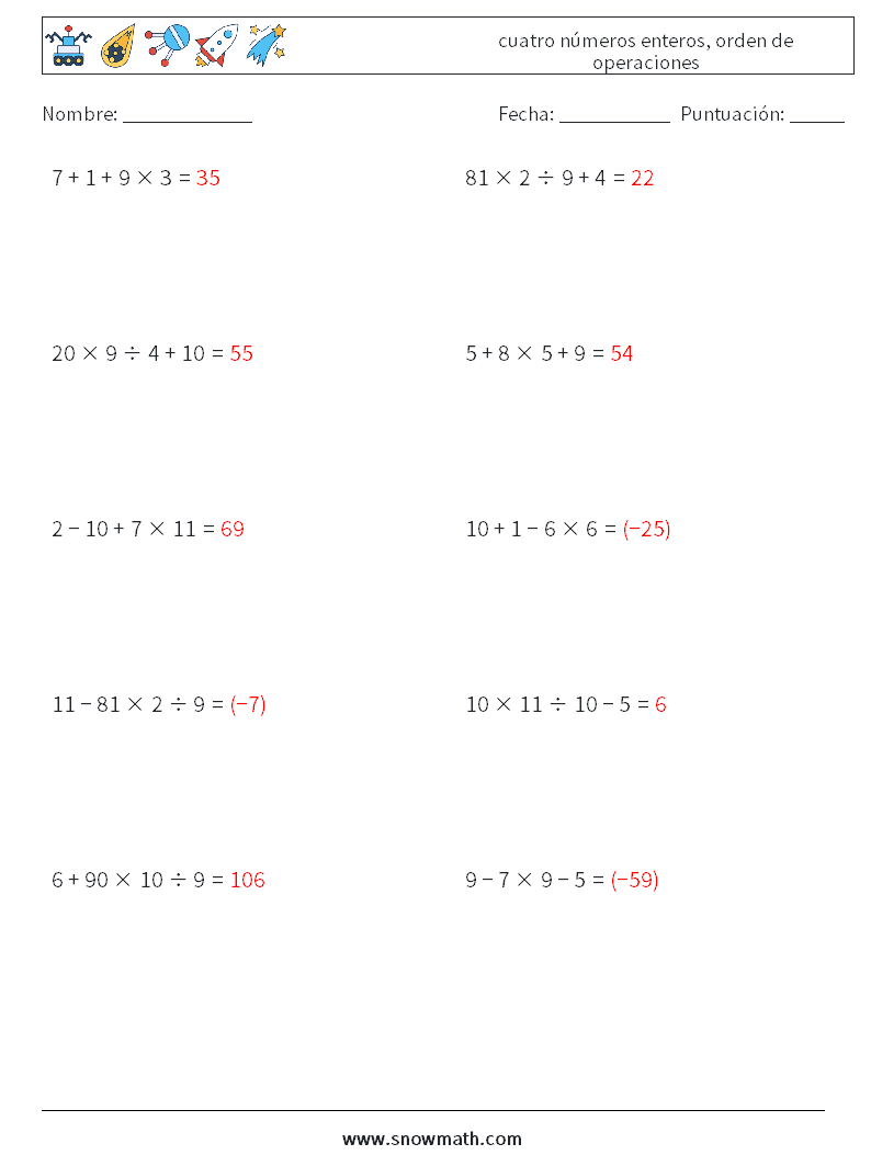 (10) cuatro números enteros, orden de operaciones Hojas de trabajo de matemáticas 1 Pregunta, respuesta