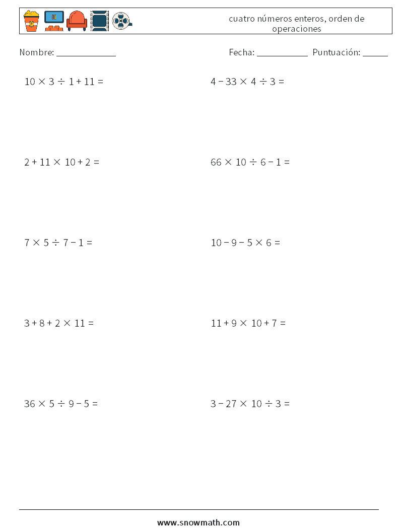 (10) cuatro números enteros, orden de operaciones Hojas de trabajo de matemáticas 2