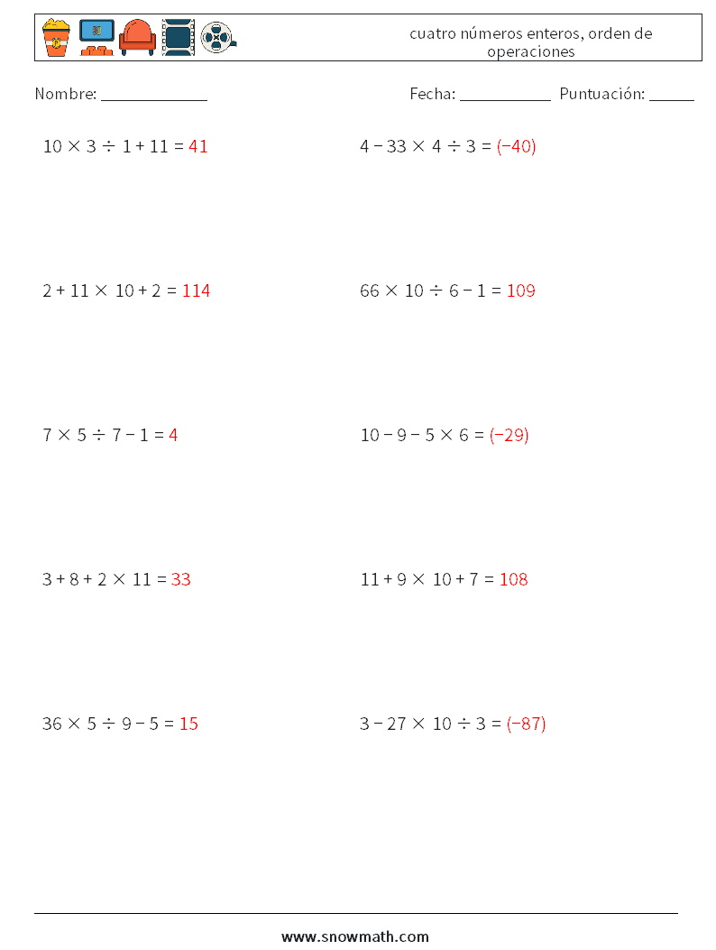 (10) cuatro números enteros, orden de operaciones Hojas de trabajo de matemáticas 2 Pregunta, respuesta