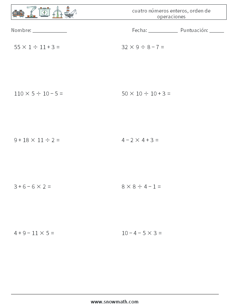 (10) cuatro números enteros, orden de operaciones Hojas de trabajo de matemáticas 3