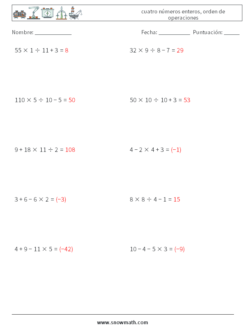 (10) cuatro números enteros, orden de operaciones Hojas de trabajo de matemáticas 3 Pregunta, respuesta