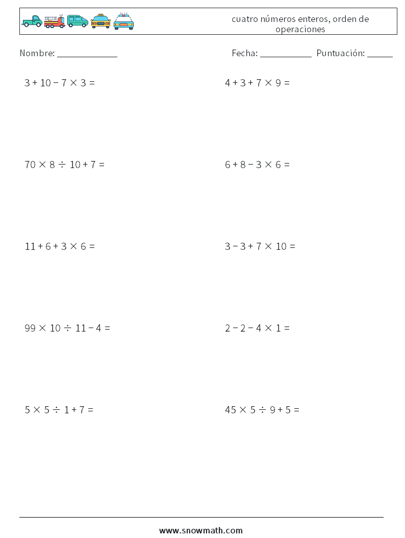 (10) cuatro números enteros, orden de operaciones Hojas de trabajo de matemáticas 4