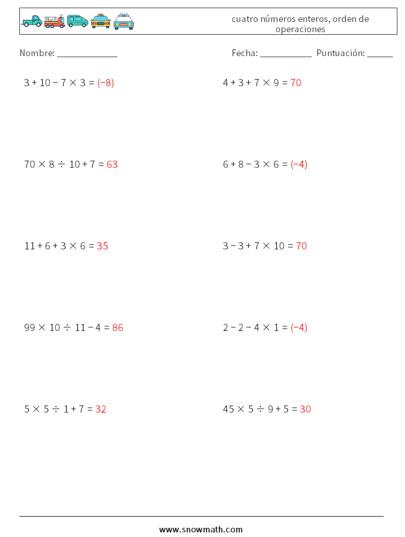 (10) cuatro números enteros, orden de operaciones Hojas de trabajo de matemáticas 4 Pregunta, respuesta