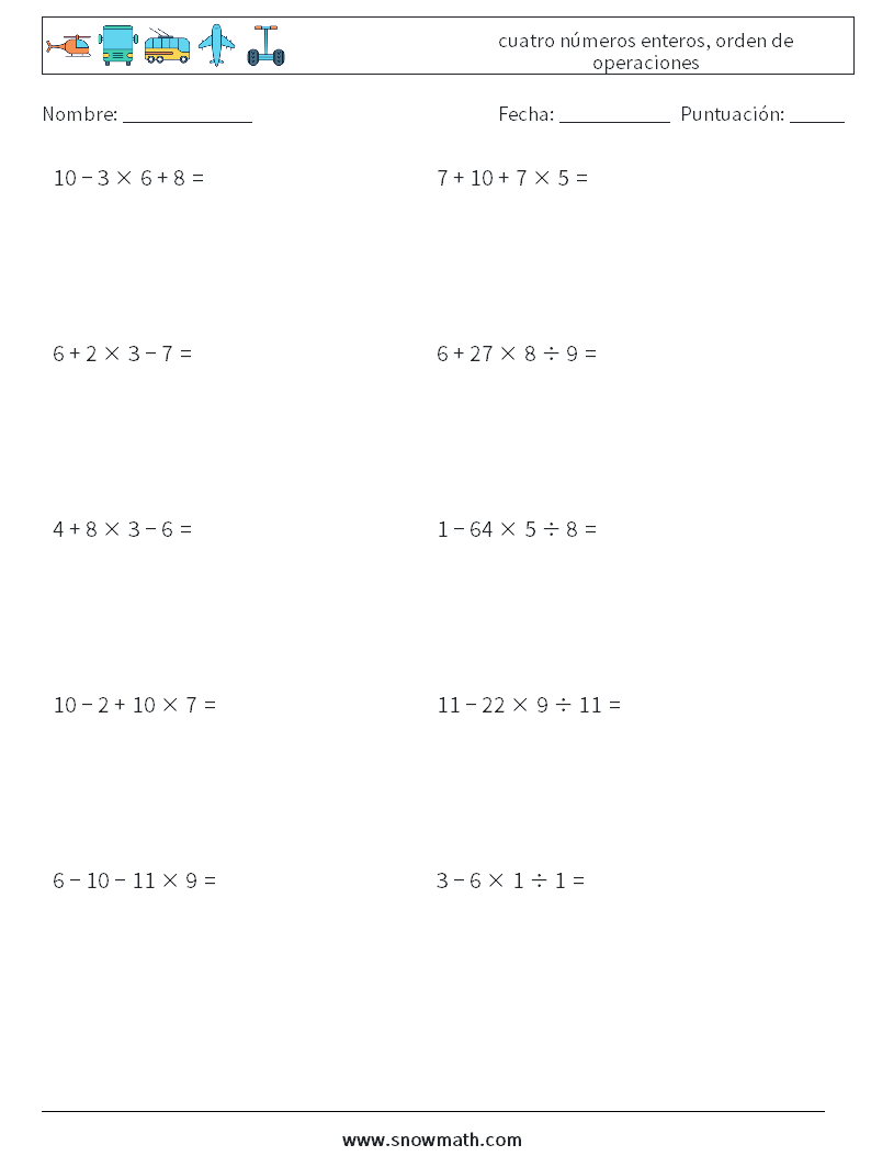 (10) cuatro números enteros, orden de operaciones Hojas de trabajo de matemáticas 5