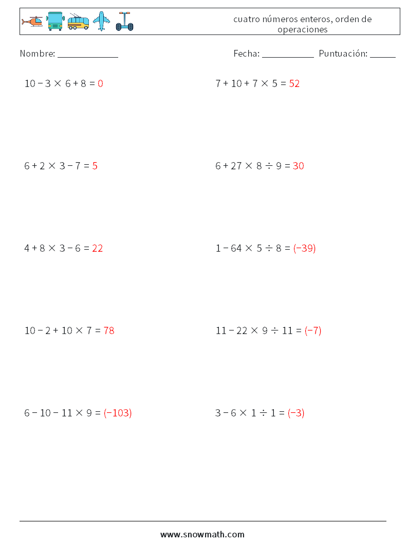 (10) cuatro números enteros, orden de operaciones Hojas de trabajo de matemáticas 5 Pregunta, respuesta