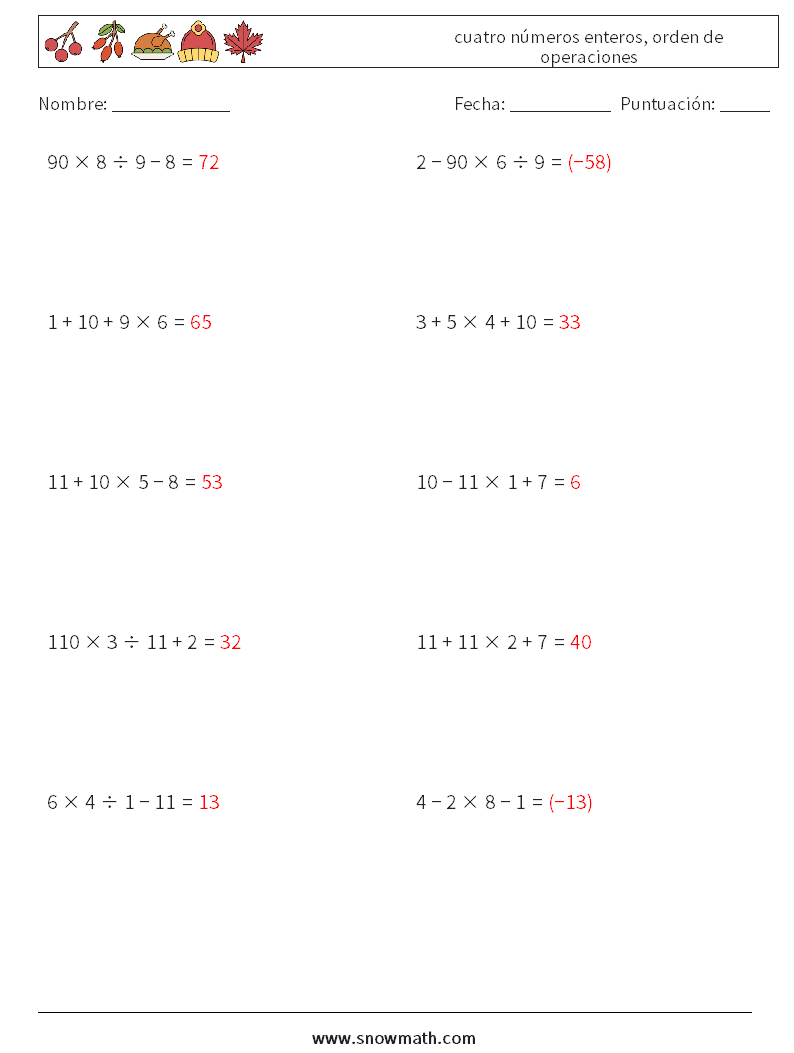 (10) cuatro números enteros, orden de operaciones Hojas de trabajo de matemáticas 6 Pregunta, respuesta