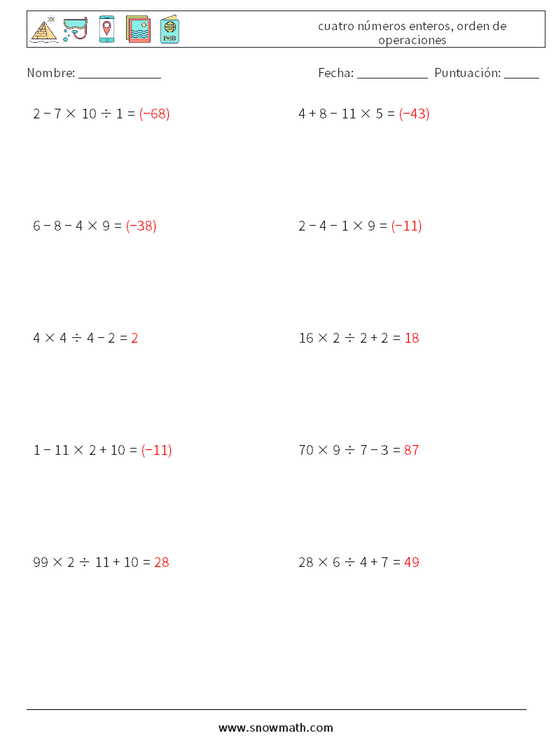 (10) cuatro números enteros, orden de operaciones Hojas de trabajo de matemáticas 7 Pregunta, respuesta