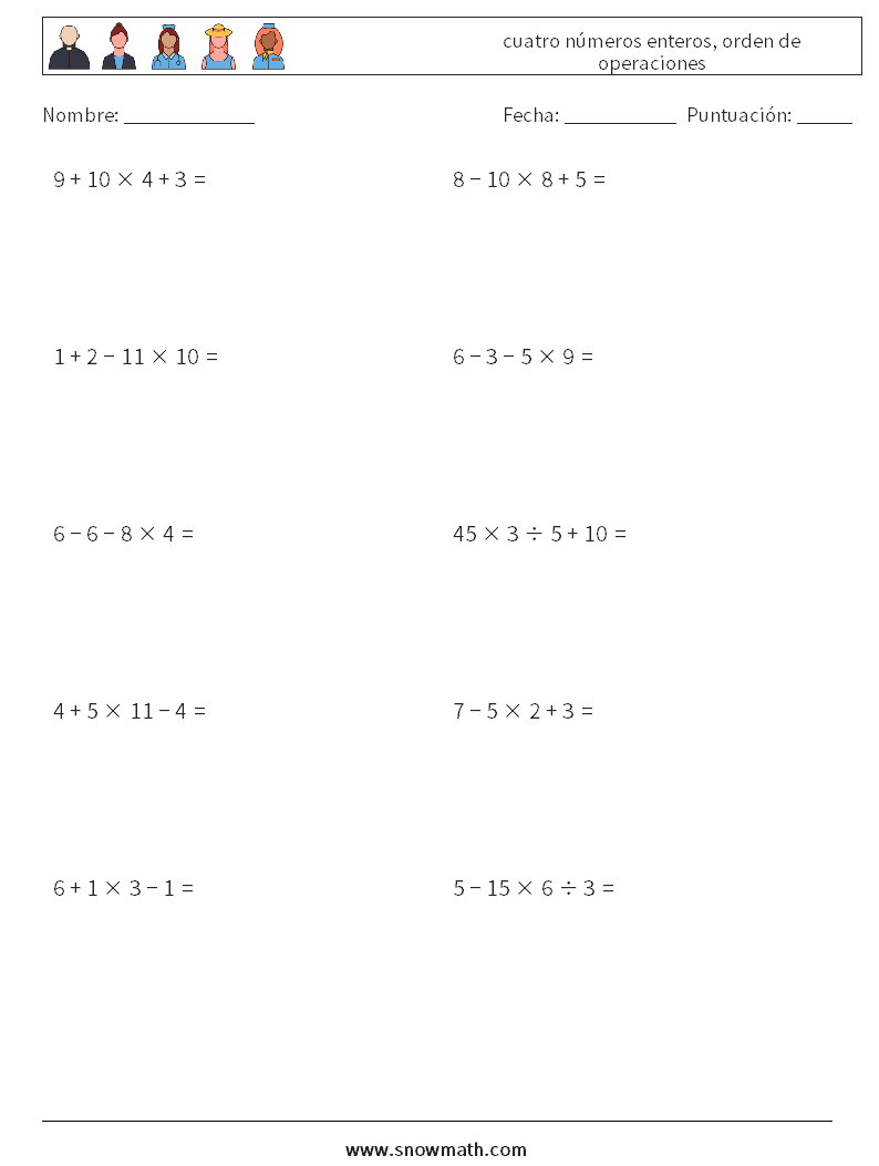 (10) cuatro números enteros, orden de operaciones Hojas de trabajo de matemáticas 8