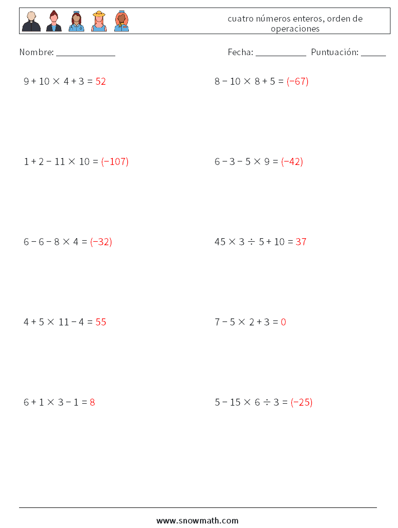 (10) cuatro números enteros, orden de operaciones Hojas de trabajo de matemáticas 8 Pregunta, respuesta