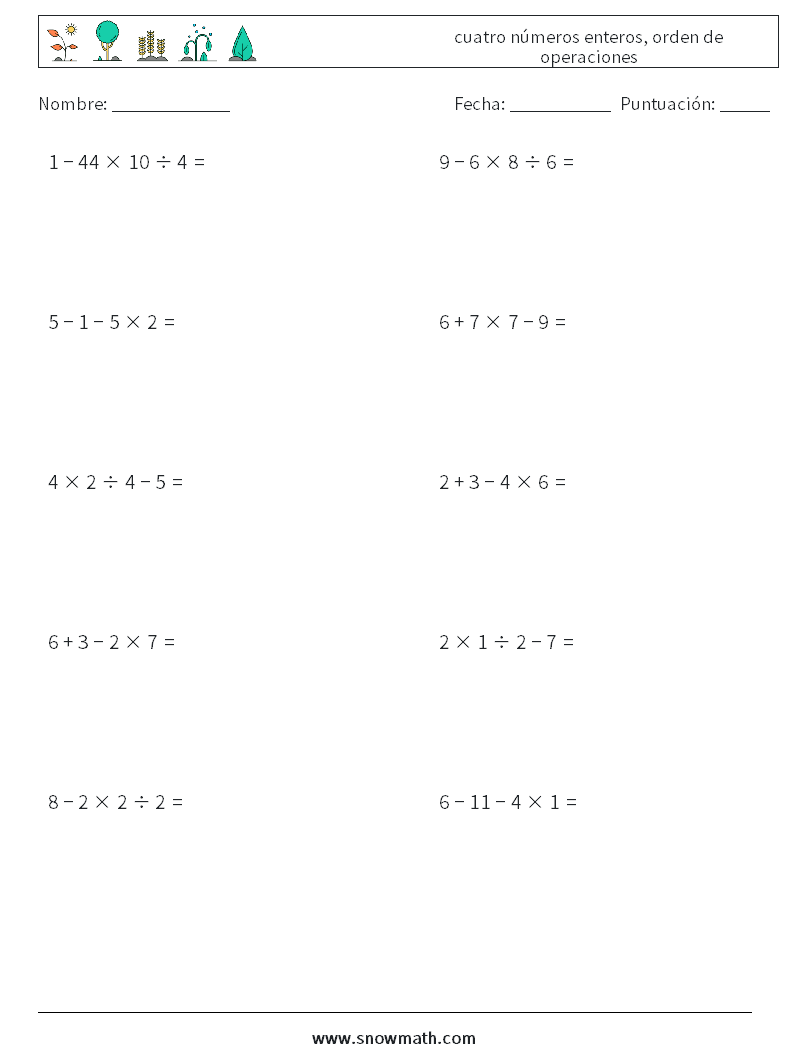(10) cuatro números enteros, orden de operaciones Hojas de trabajo de matemáticas 9