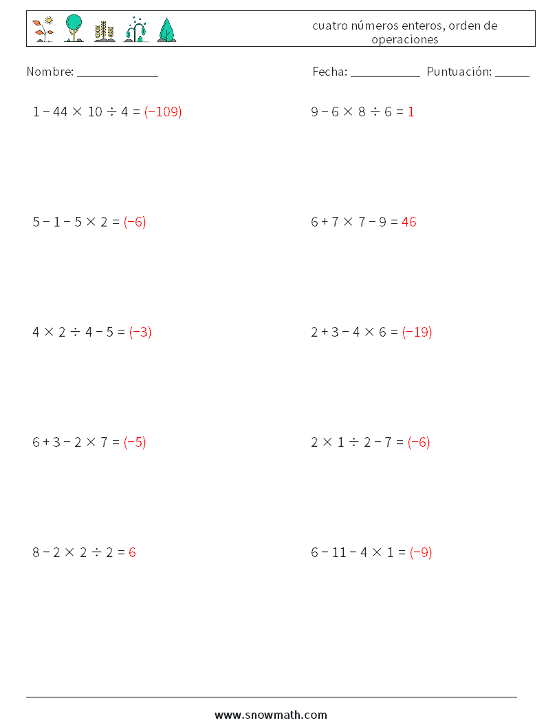(10) cuatro números enteros, orden de operaciones Hojas de trabajo de matemáticas 9 Pregunta, respuesta