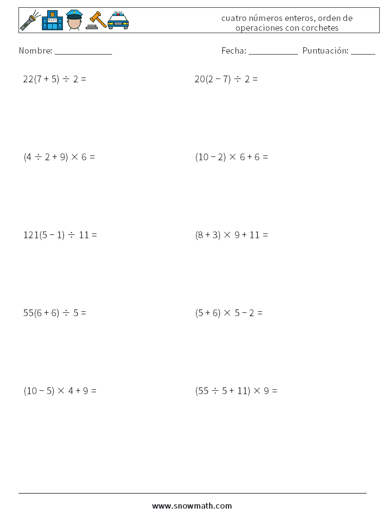 (10) cuatro números enteros, orden de operaciones con corchetes Hojas de trabajo de matemáticas 2