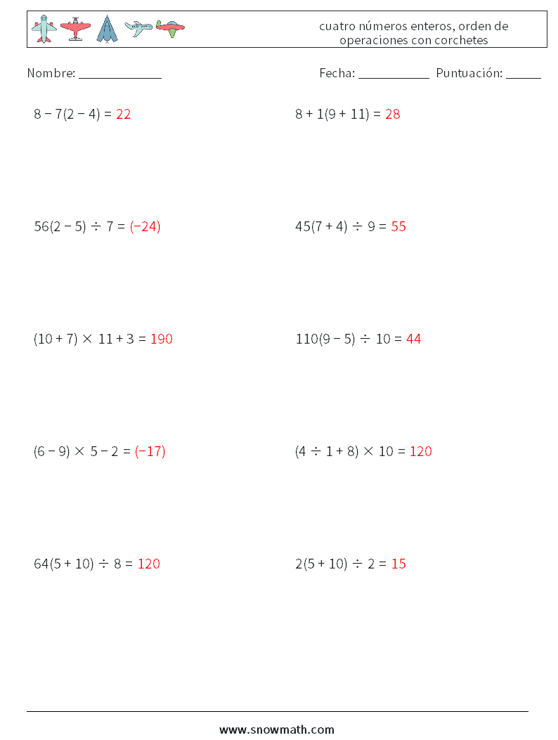 (10) cuatro números enteros, orden de operaciones con corchetes Hojas de trabajo de matemáticas 3 Pregunta, respuesta