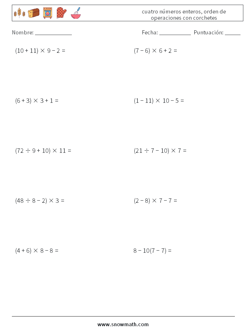 (10) cuatro números enteros, orden de operaciones con corchetes Hojas de trabajo de matemáticas 8
