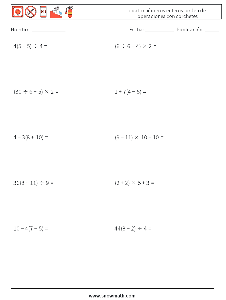 (10) cuatro números enteros, orden de operaciones con corchetes Hojas de trabajo de matemáticas 9