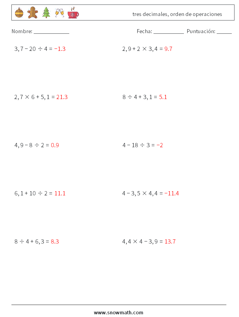 (10) tres decimales, orden de operaciones Hojas de trabajo de matemáticas 16 Pregunta, respuesta