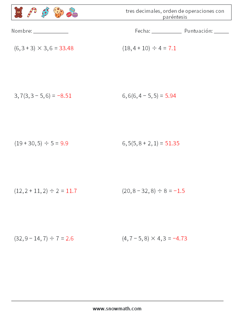 (10) tres decimales, orden de operaciones con paréntesis Hojas de trabajo de matemáticas 15 Pregunta, respuesta