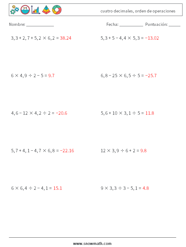 (10) cuatro decimales, orden de operaciones Hojas de trabajo de matemáticas 15 Pregunta, respuesta