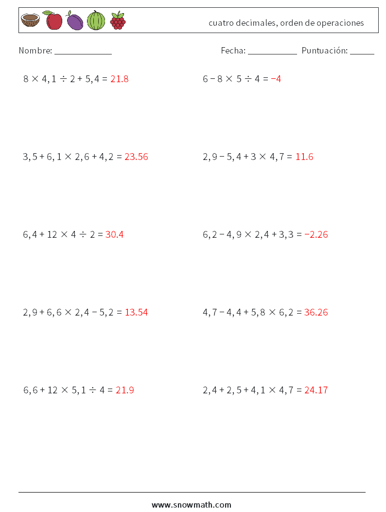 (10) cuatro decimales, orden de operaciones Hojas de trabajo de matemáticas 18 Pregunta, respuesta