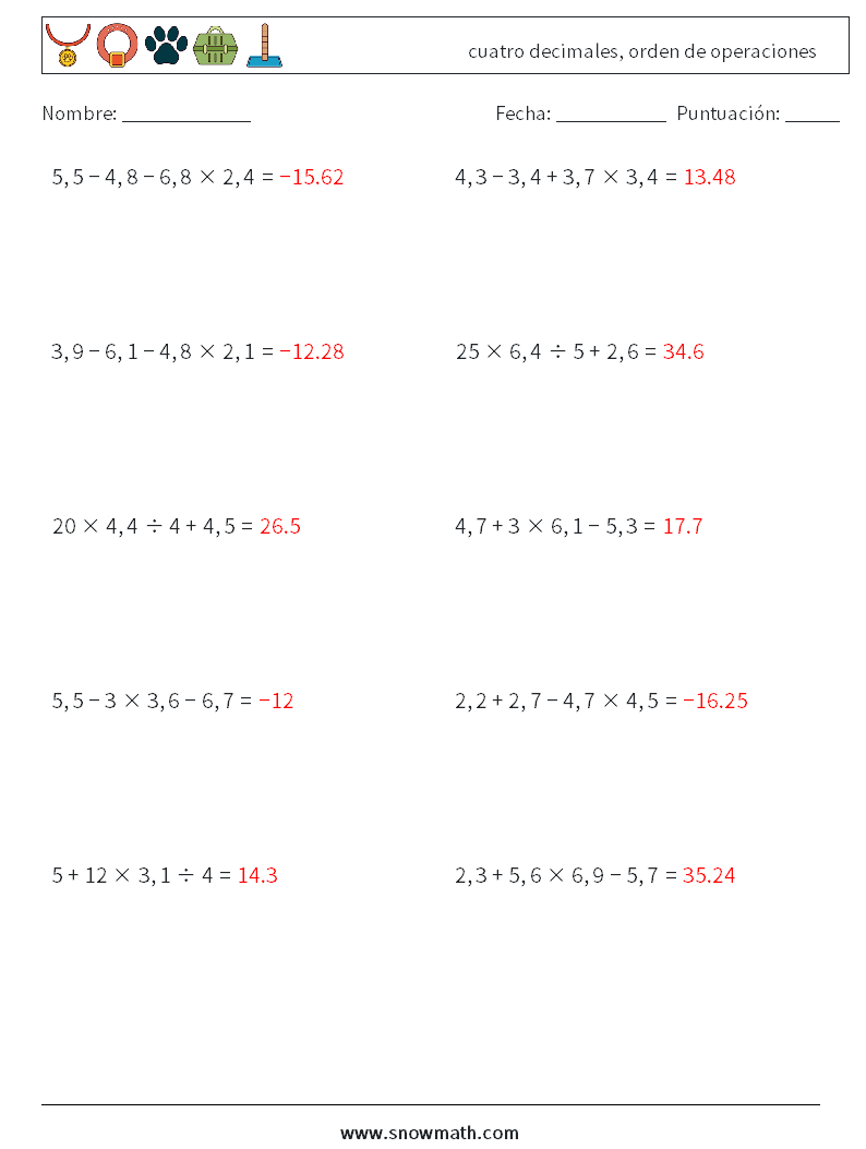 (10) cuatro decimales, orden de operaciones Hojas de trabajo de matemáticas 2 Pregunta, respuesta