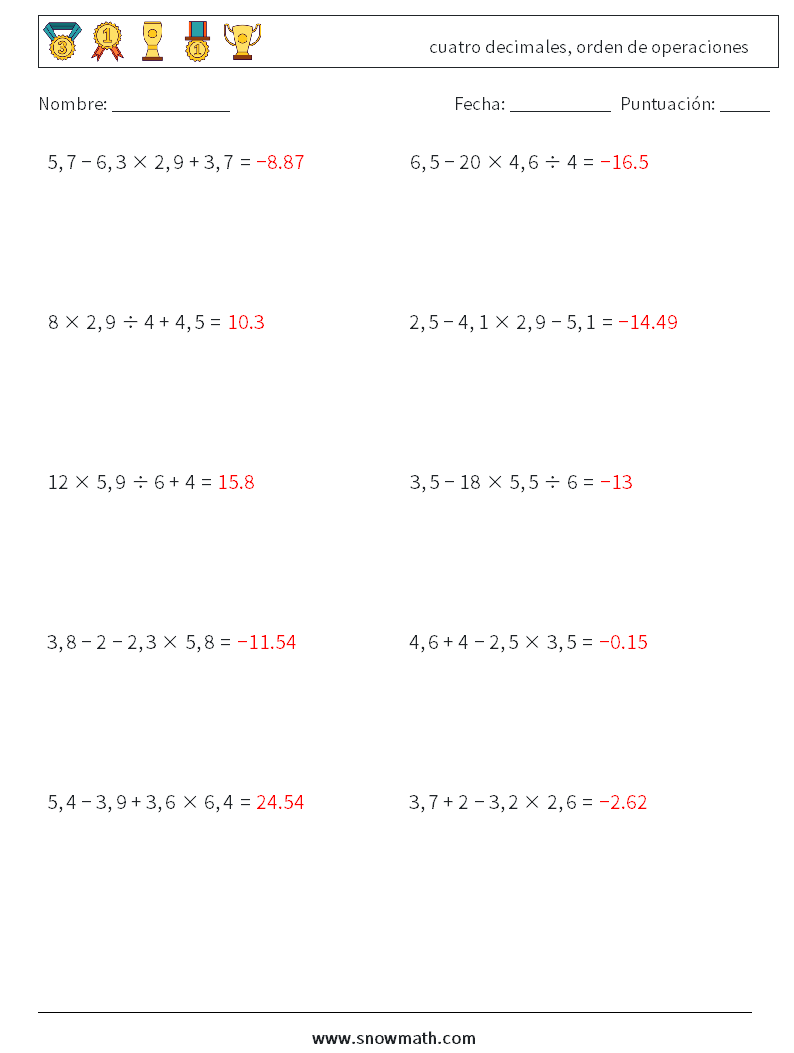 (10) cuatro decimales, orden de operaciones Hojas de trabajo de matemáticas 3 Pregunta, respuesta