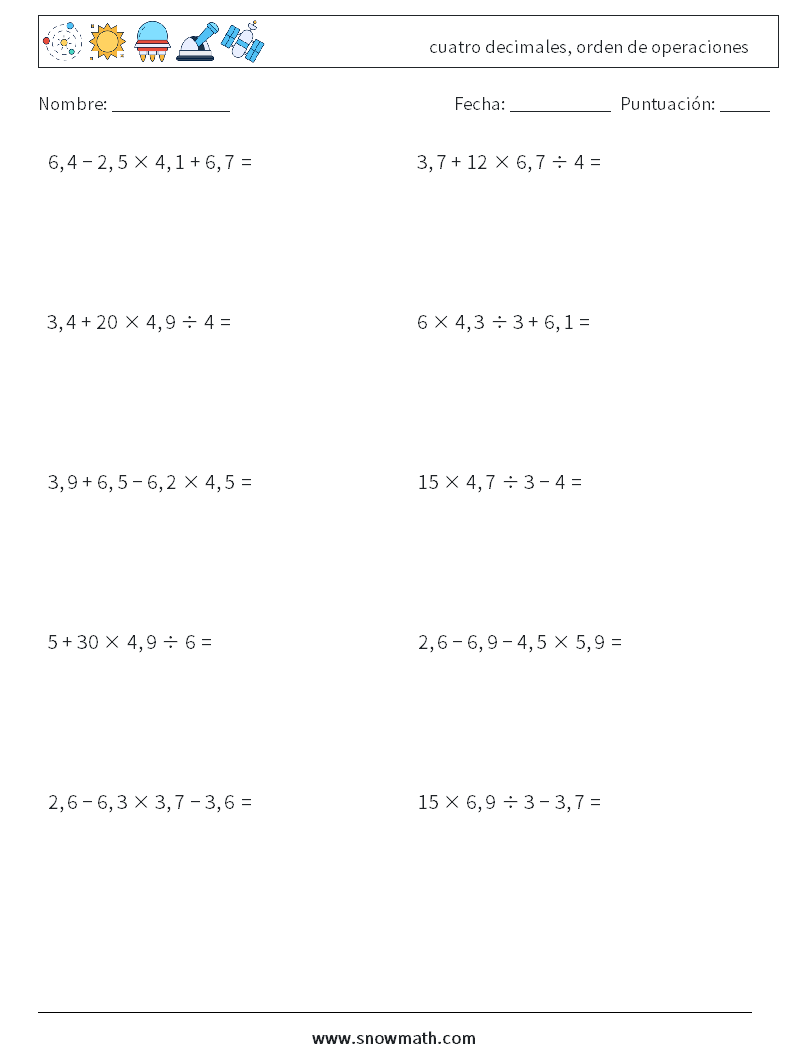(10) cuatro decimales, orden de operaciones Hojas de trabajo de matemáticas 4