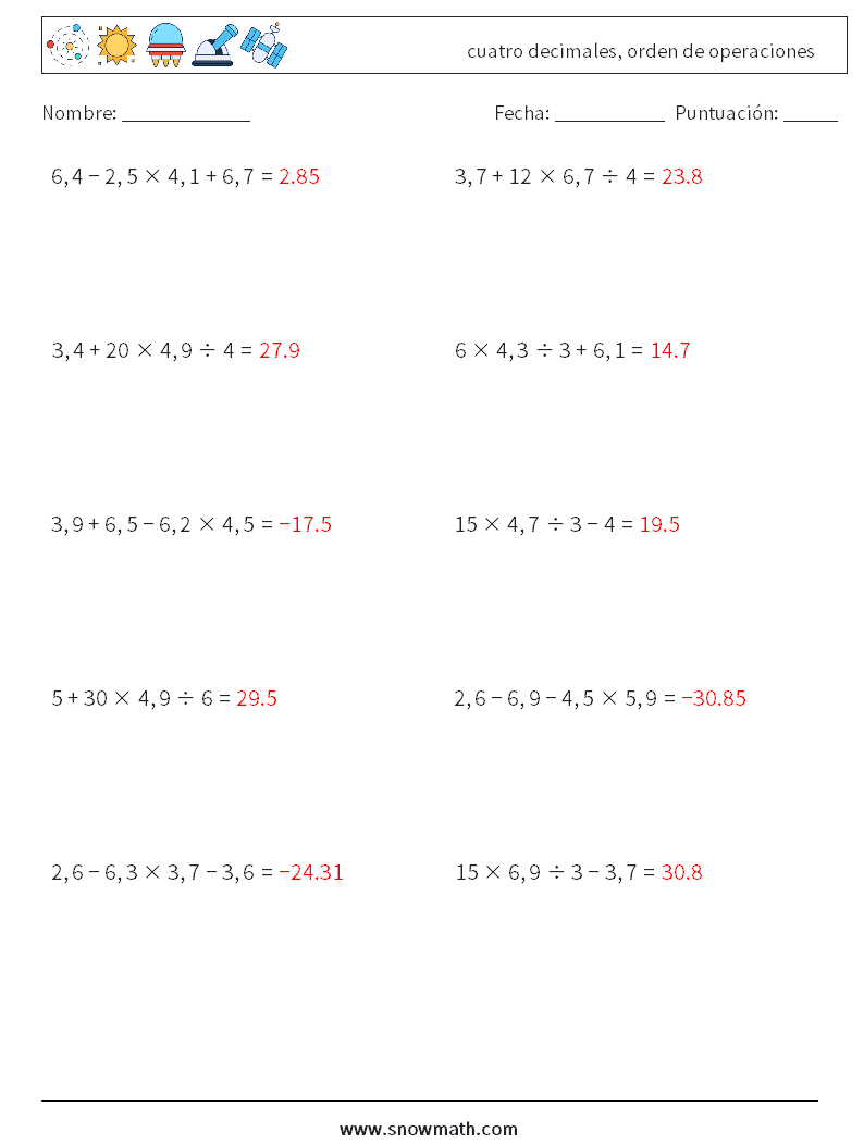(10) cuatro decimales, orden de operaciones Hojas de trabajo de matemáticas 4 Pregunta, respuesta