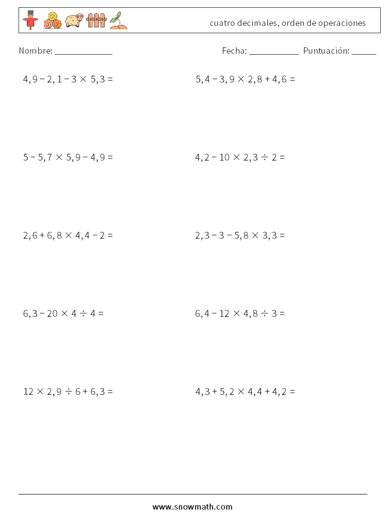 (10) cuatro decimales, orden de operaciones Hojas de trabajo de matemáticas 8