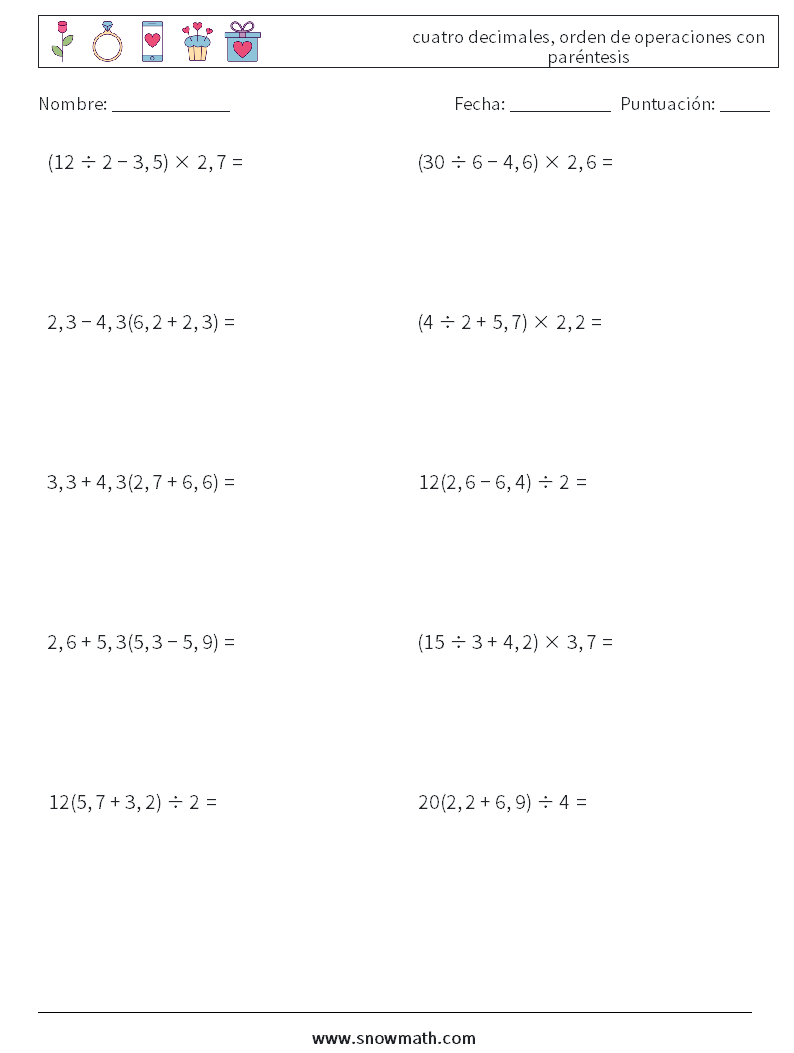 (10) cuatro decimales, orden de operaciones con paréntesis Hojas de trabajo de matemáticas 10