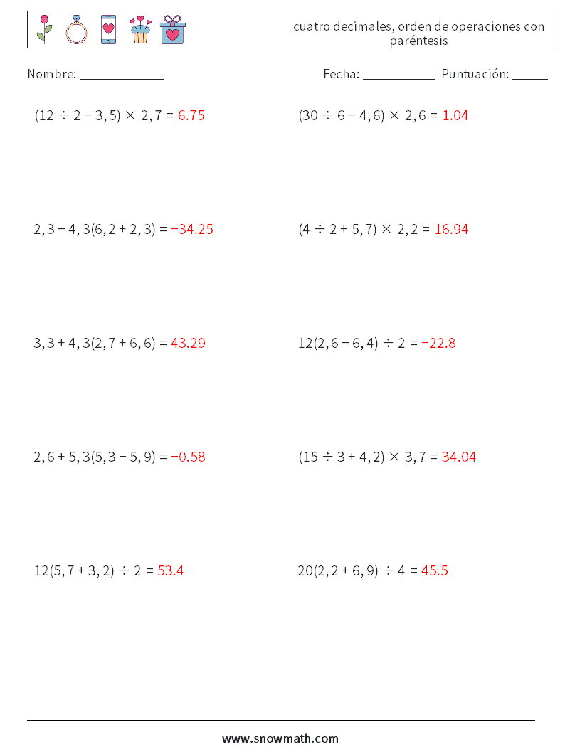 (10) cuatro decimales, orden de operaciones con paréntesis Hojas de trabajo de matemáticas 10 Pregunta, respuesta
