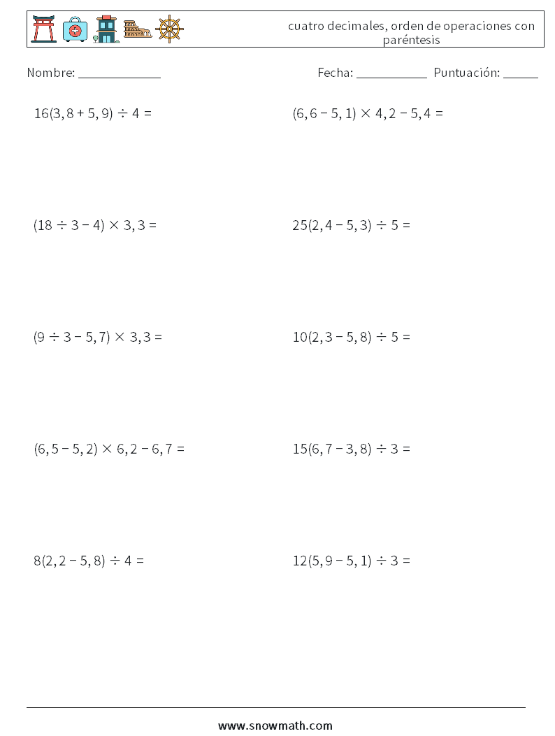 (10) cuatro decimales, orden de operaciones con paréntesis Hojas de trabajo de matemáticas 11