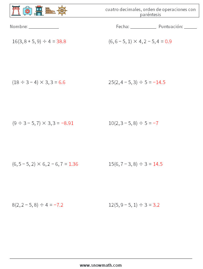 (10) cuatro decimales, orden de operaciones con paréntesis Hojas de trabajo de matemáticas 11 Pregunta, respuesta