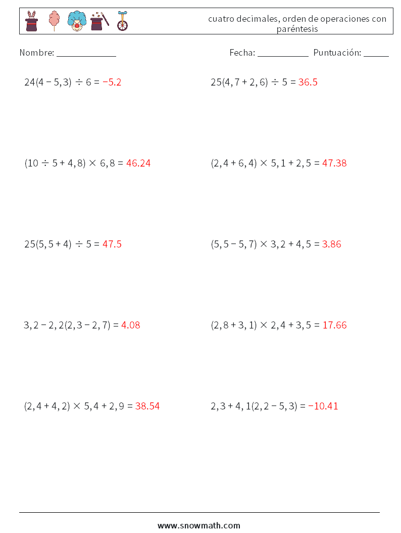 (10) cuatro decimales, orden de operaciones con paréntesis Hojas de trabajo de matemáticas 12 Pregunta, respuesta