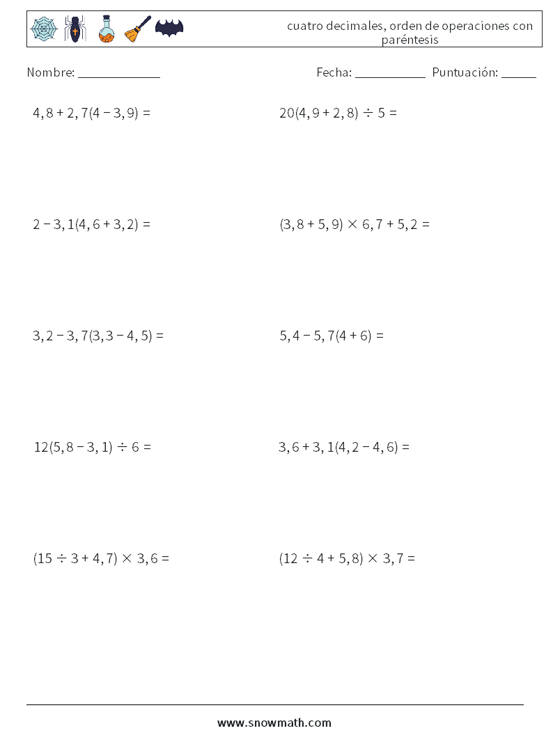(10) cuatro decimales, orden de operaciones con paréntesis Hojas de trabajo de matemáticas 13