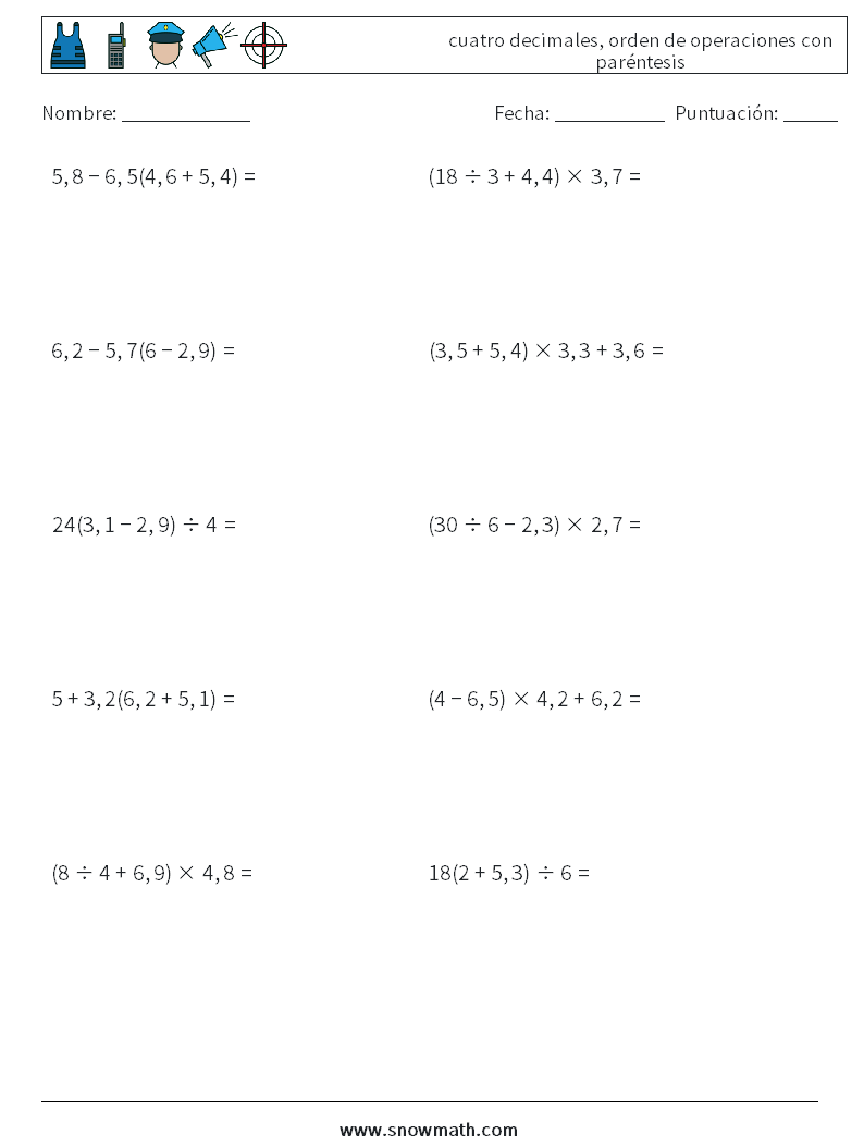 (10) cuatro decimales, orden de operaciones con paréntesis Hojas de trabajo de matemáticas 14