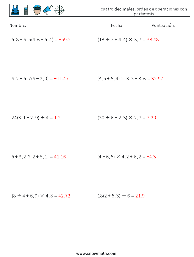 (10) cuatro decimales, orden de operaciones con paréntesis Hojas de trabajo de matemáticas 14 Pregunta, respuesta